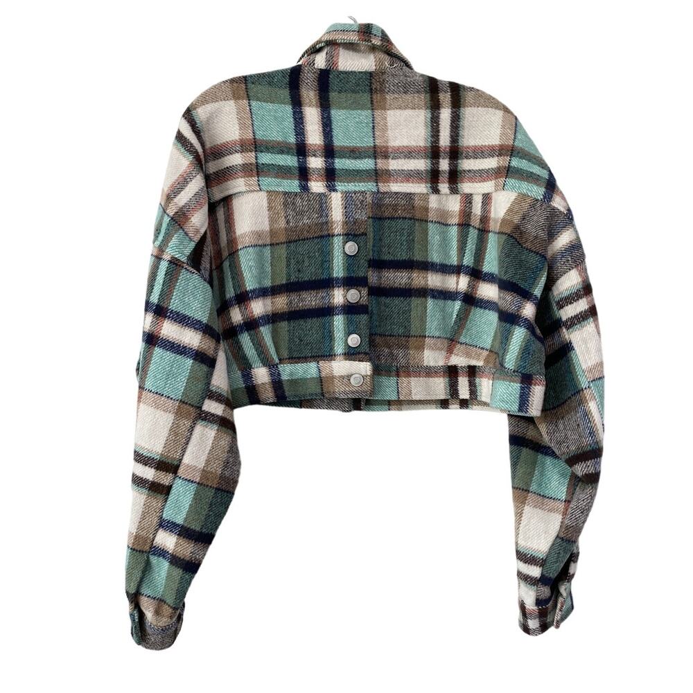 HYFVE Size Medium Cropped Plaid Flannel Shacket Jacket Teal Tan Back Buttons - Picture 6 of 14